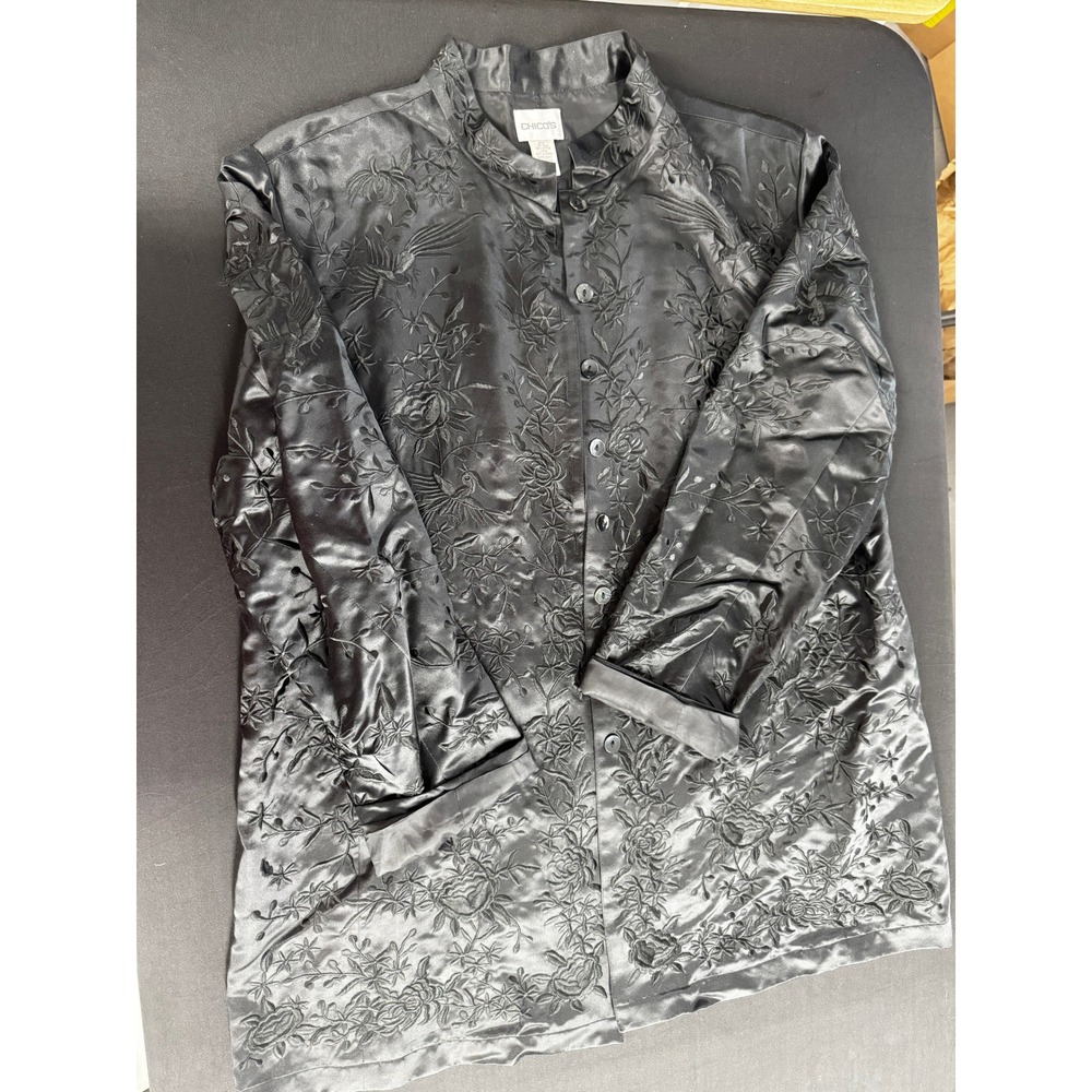 Chico's Black Silk Chinoiserie Embroidered Kimono Blazer Jacket Quiet Luxury XL - Picture 4 of 13
